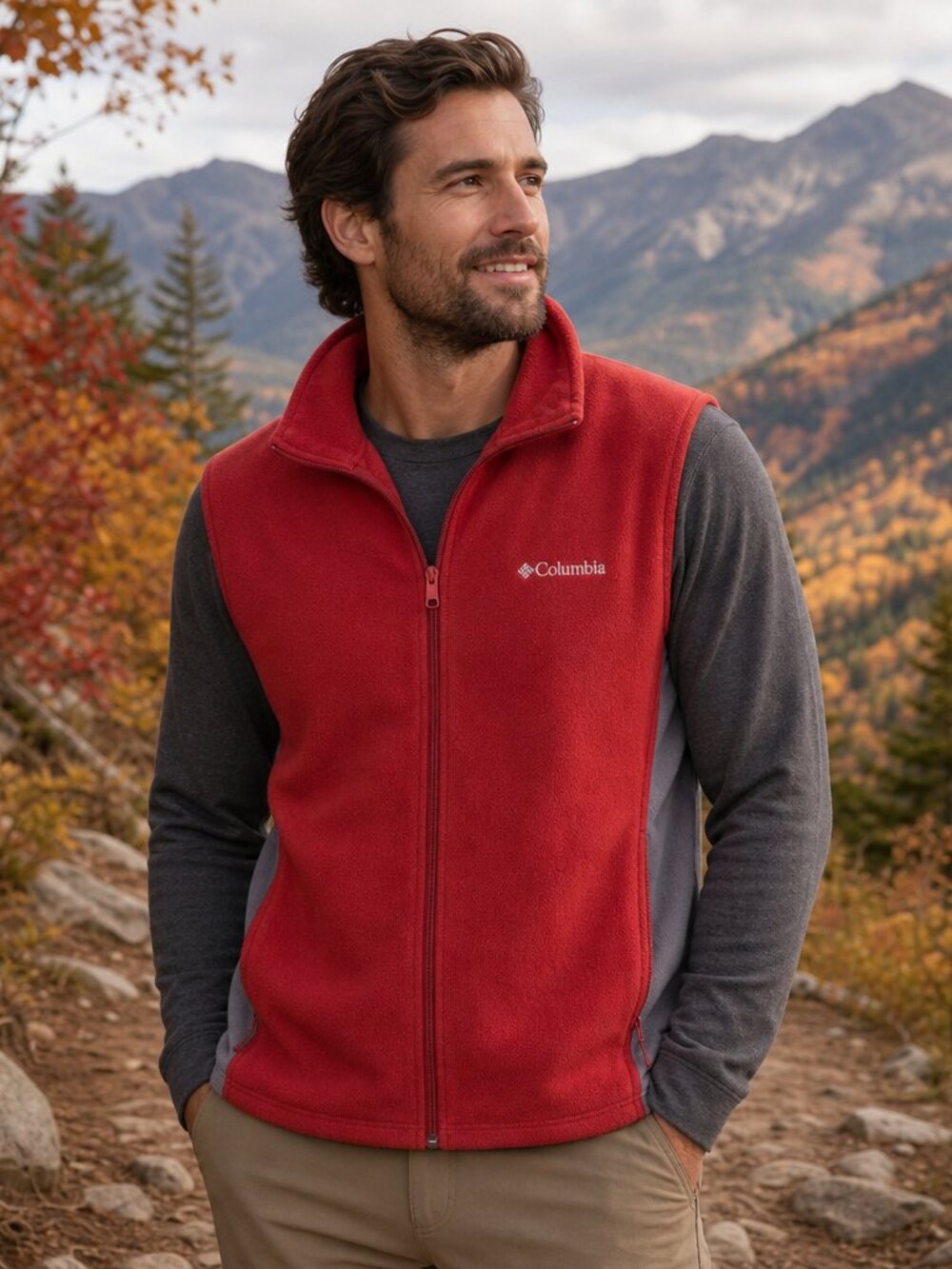 Columbia Burgundy Fleece Jacket with Gray Trim Men’s Size Large